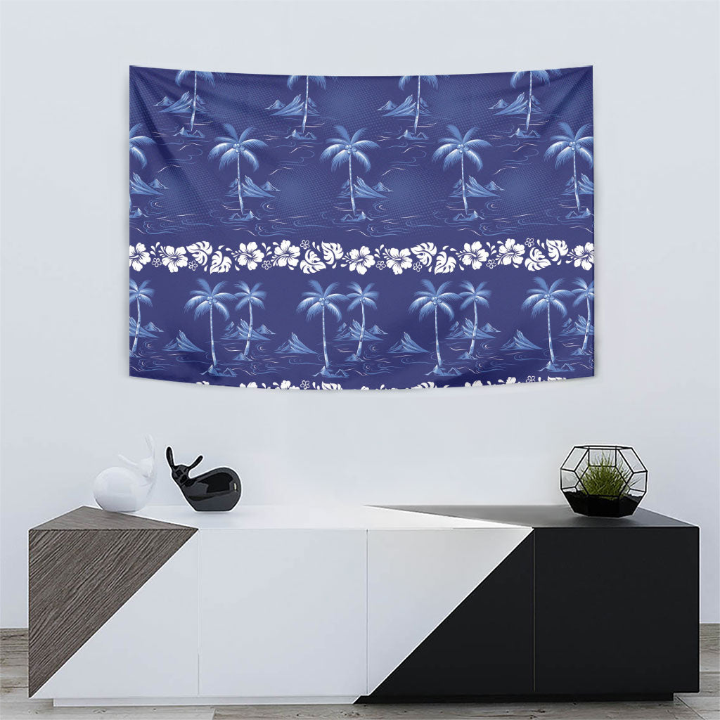 Blue Hawaii Palm Tree Hibiscus Tapestry Fantasy Summer Vibe