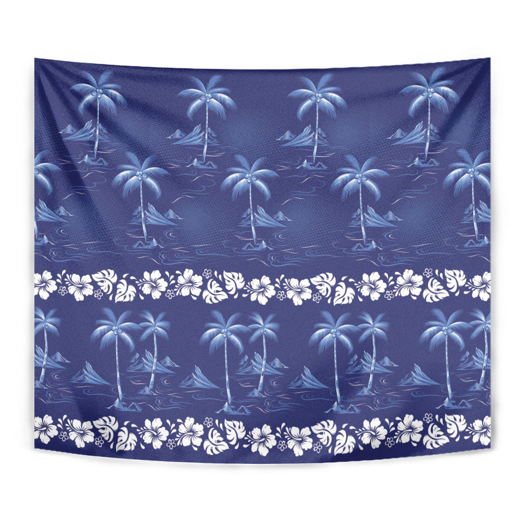 Blue Hawaii Palm Tree Hibiscus Tapestry Fantasy Summer Vibe