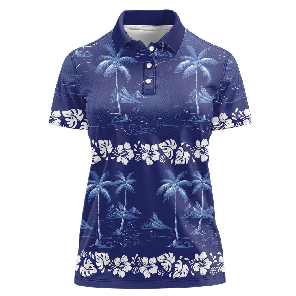 Blue Hawaii Palm Tree Hibiscus Women Polo Shirt Fantasy Summer Vibe LT01 Female Blue - Polynesian Pride