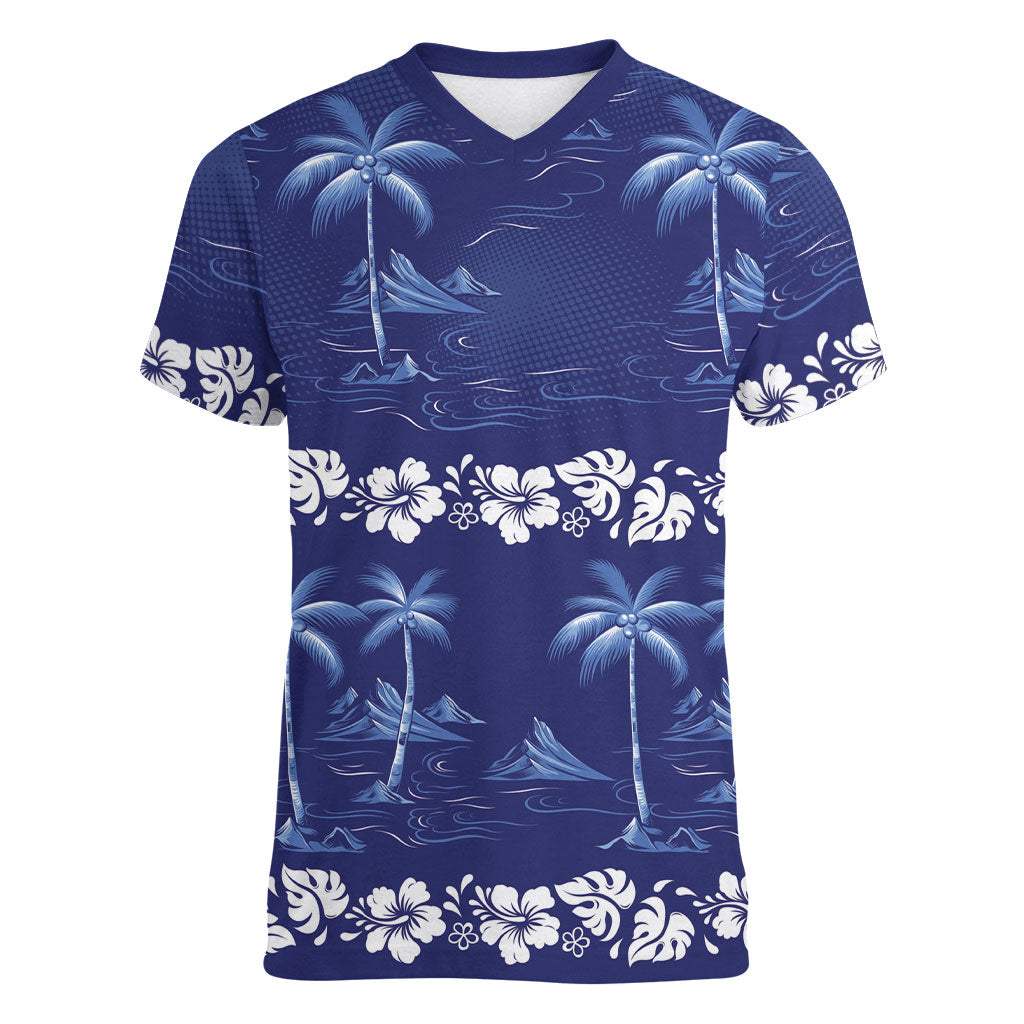 Blue Hawaii Palm Tree Hibiscus Women V-Neck T-Shirt Fantasy Summer Vibe LT01 Female Blue - Polynesian Pride