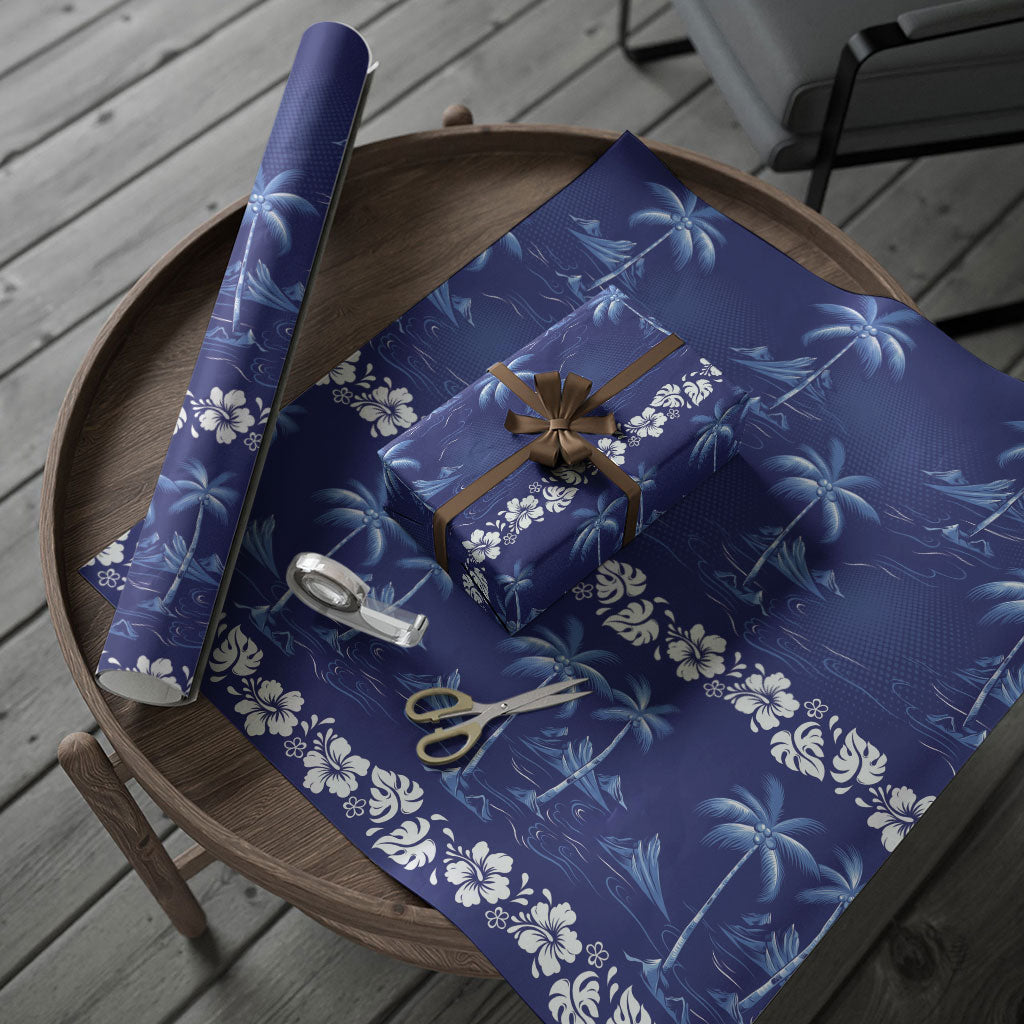 Blue Hawaii Palm Tree Hibiscus Wrapping Paper Fantasy Summer Vibe