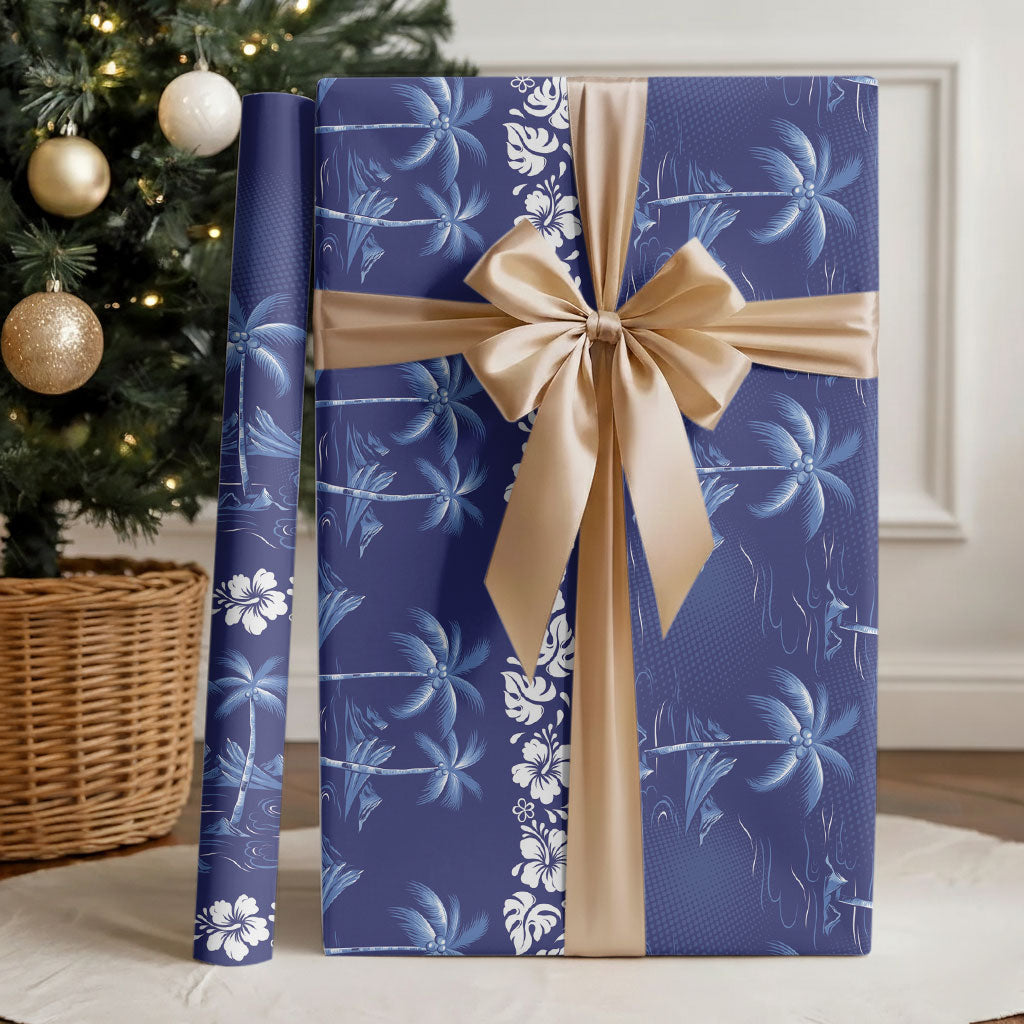 Blue Hawaii Palm Tree Hibiscus Wrapping Paper Fantasy Summer Vibe