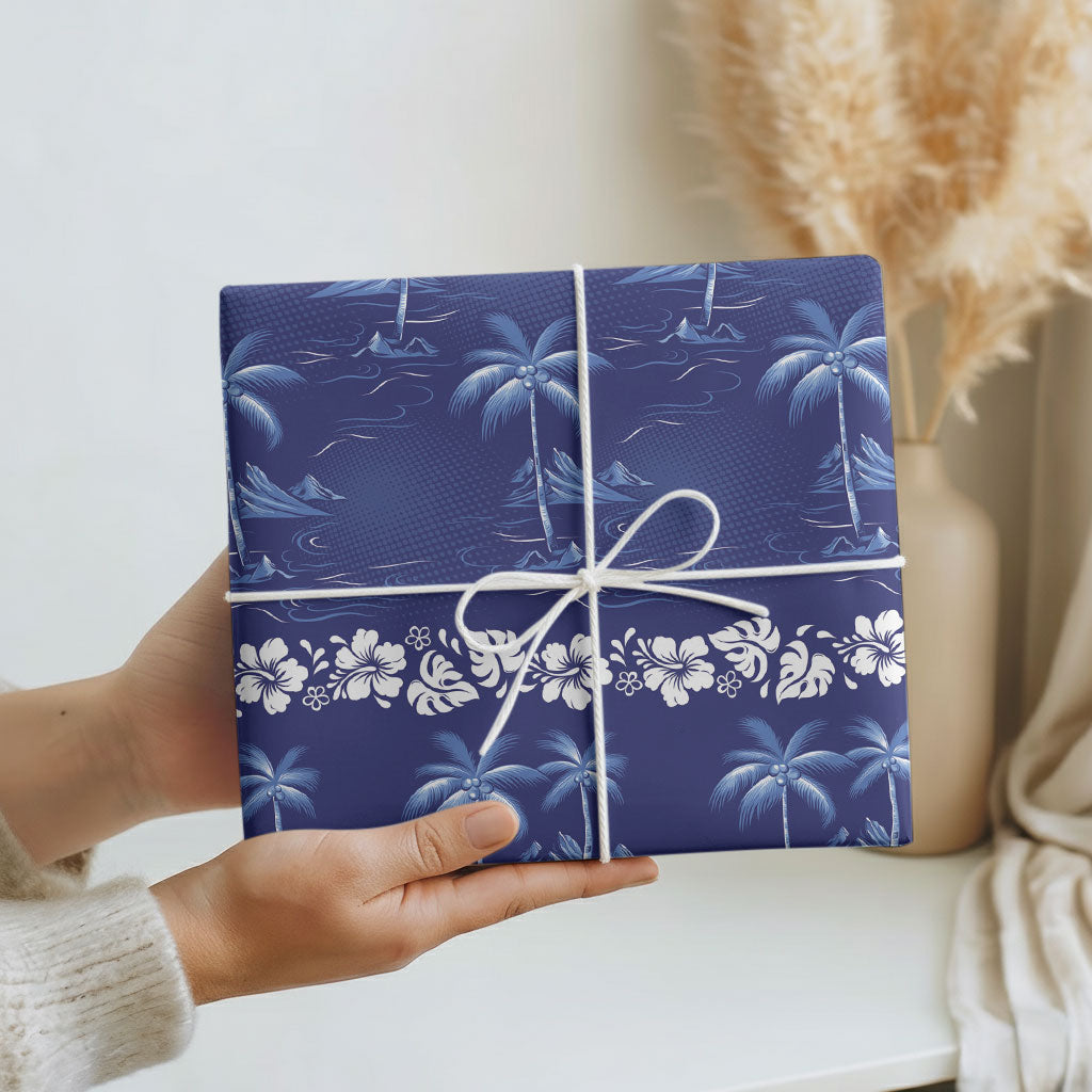 Blue Hawaii Palm Tree Hibiscus Wrapping Paper Fantasy Summer Vibe