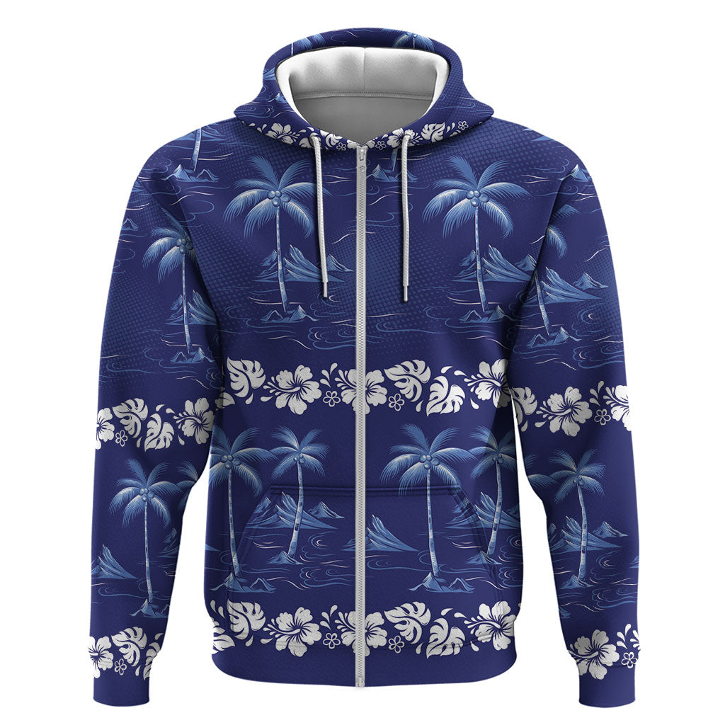 Blue Hawaii Palm Tree Hibiscus Zip Hoodie Fantasy Summer Vibe LT01 Zip Hoodie Blue - Polynesian Pride