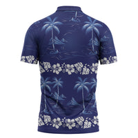 Blue Hawaii Palm Tree Hibiscus Zipper Polo Shirt Fantasy Summer Vibe