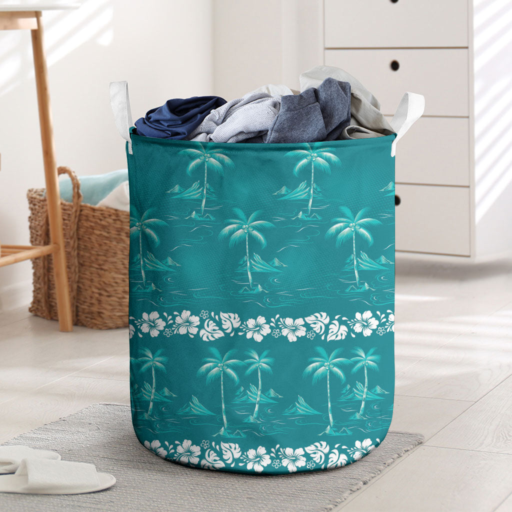 Cyan Hawaii Palm Tree Hibiscus Laundry Basket Fantasy Summer Vibe