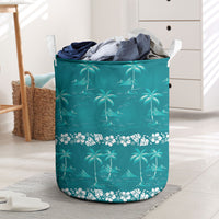 Cyan Hawaii Palm Tree Hibiscus Laundry Basket Fantasy Summer Vibe