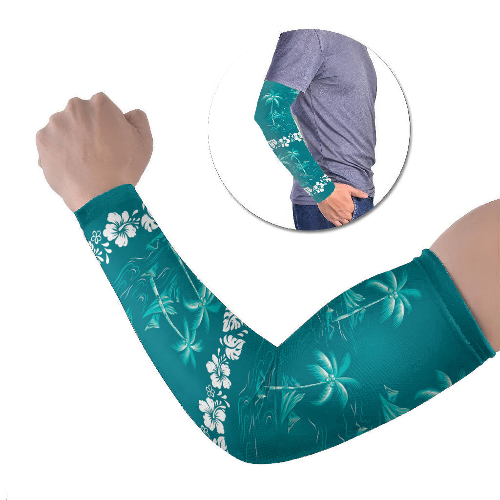 Cyan Hawaii Palm Tree Hibiscus Arm Sleeves Fantasy Summer Vibe LT01 Set of 2 Cyan - Polynesian Pride