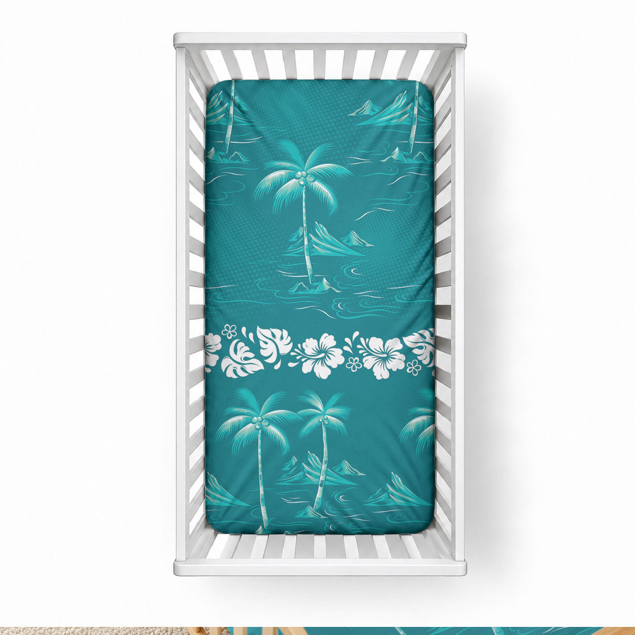 Cyan Hawaii Palm Tree Hibiscus Baby Bed Cover Fantasy Summer Vibe