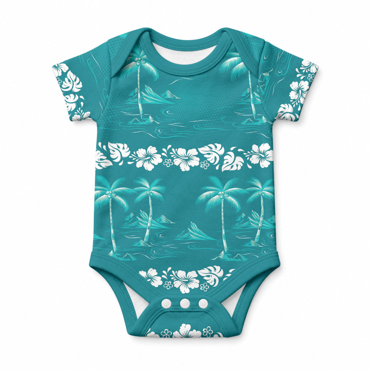 Cyan Hawaii Palm Tree Hibiscus Baby Onesie Fantasy Summer Vibe LT01 Cyan - Polynesian Pride