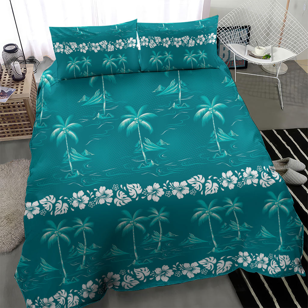 Cyan Hawaii Palm Tree Hibiscus Bedding Set Fantasy Summer Vibe LT01 - Polynesian Pride