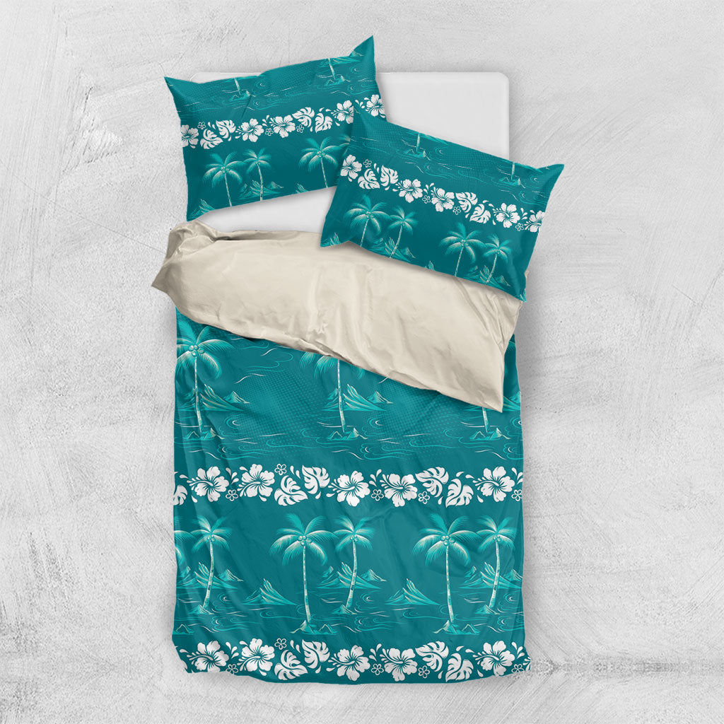 Cyan Hawaii Palm Tree Hibiscus Bedding Set Fantasy Summer Vibe LT01 US Twin 172cm x 218cm Cyan - Polynesian Pride