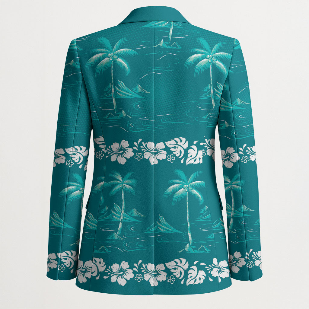 Cyan Hawaii Palm Tree Hibiscus Blazer Fantasy Summer Vibe
