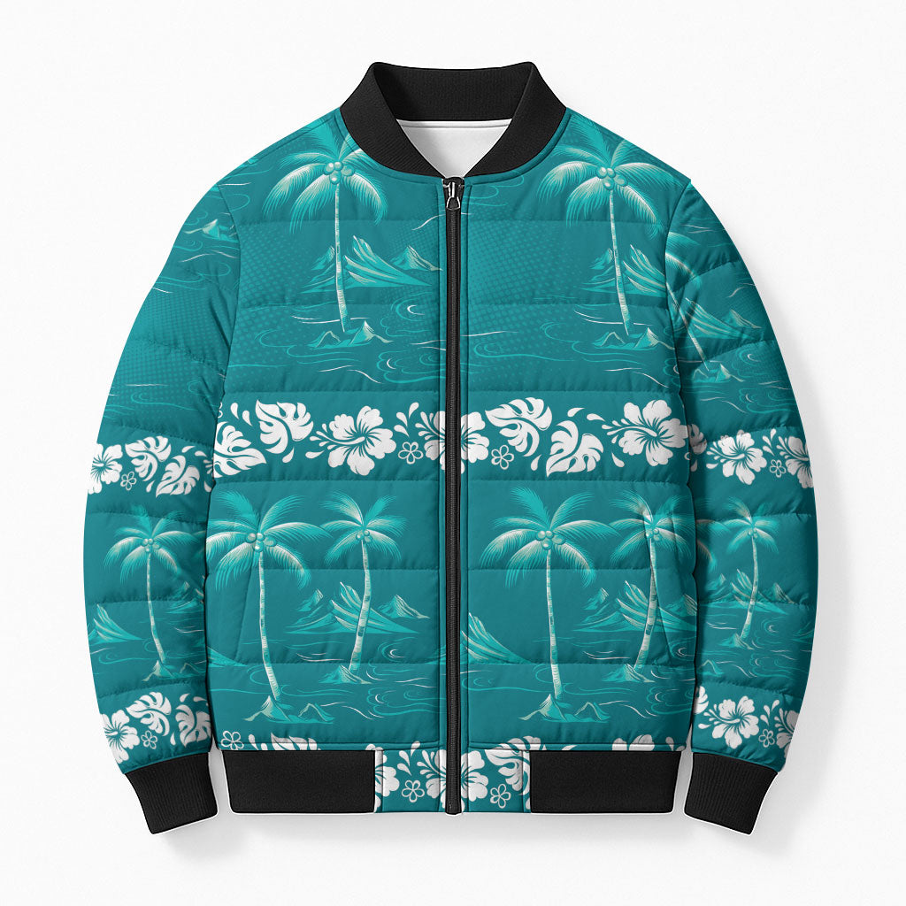 Cyan Hawaii Palm Tree Hibiscus Bomber Puffer Jacket Fantasy Summer Vibe