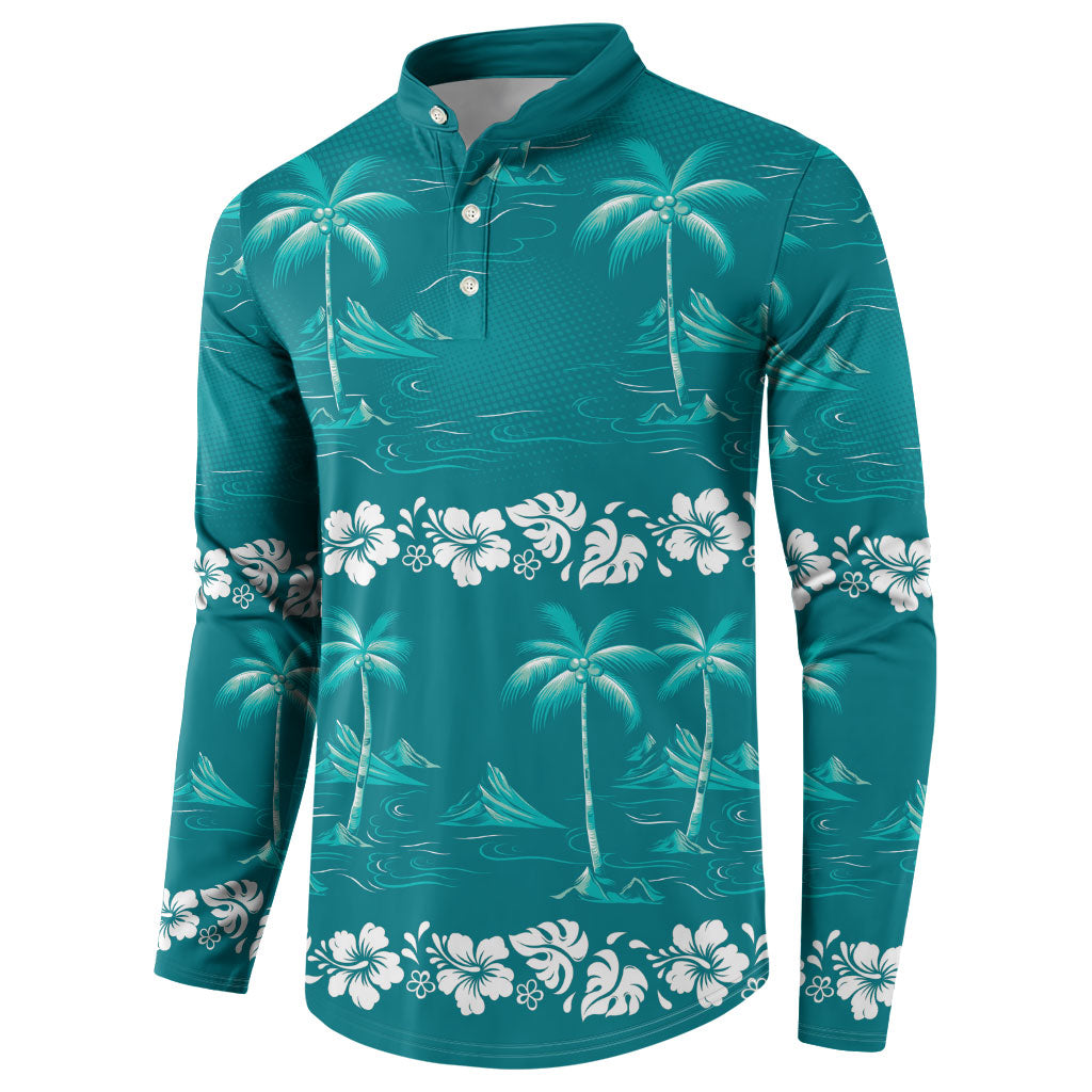 Cyan Hawaii Palm Tree Hibiscus Button Sweatshirt Fantasy Summer Vibe