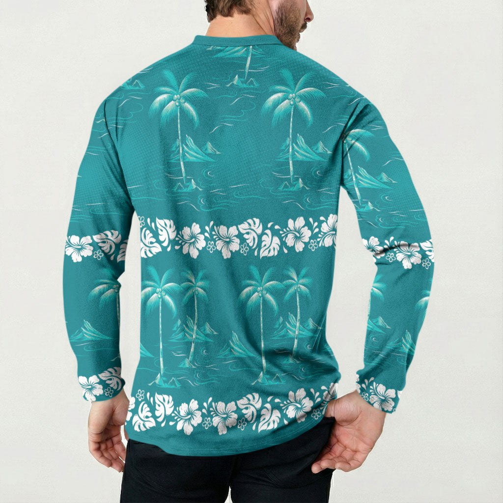 Cyan Hawaii Palm Tree Hibiscus Button Sweatshirt Fantasy Summer Vibe