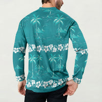 Cyan Hawaii Palm Tree Hibiscus Button Sweatshirt Fantasy Summer Vibe