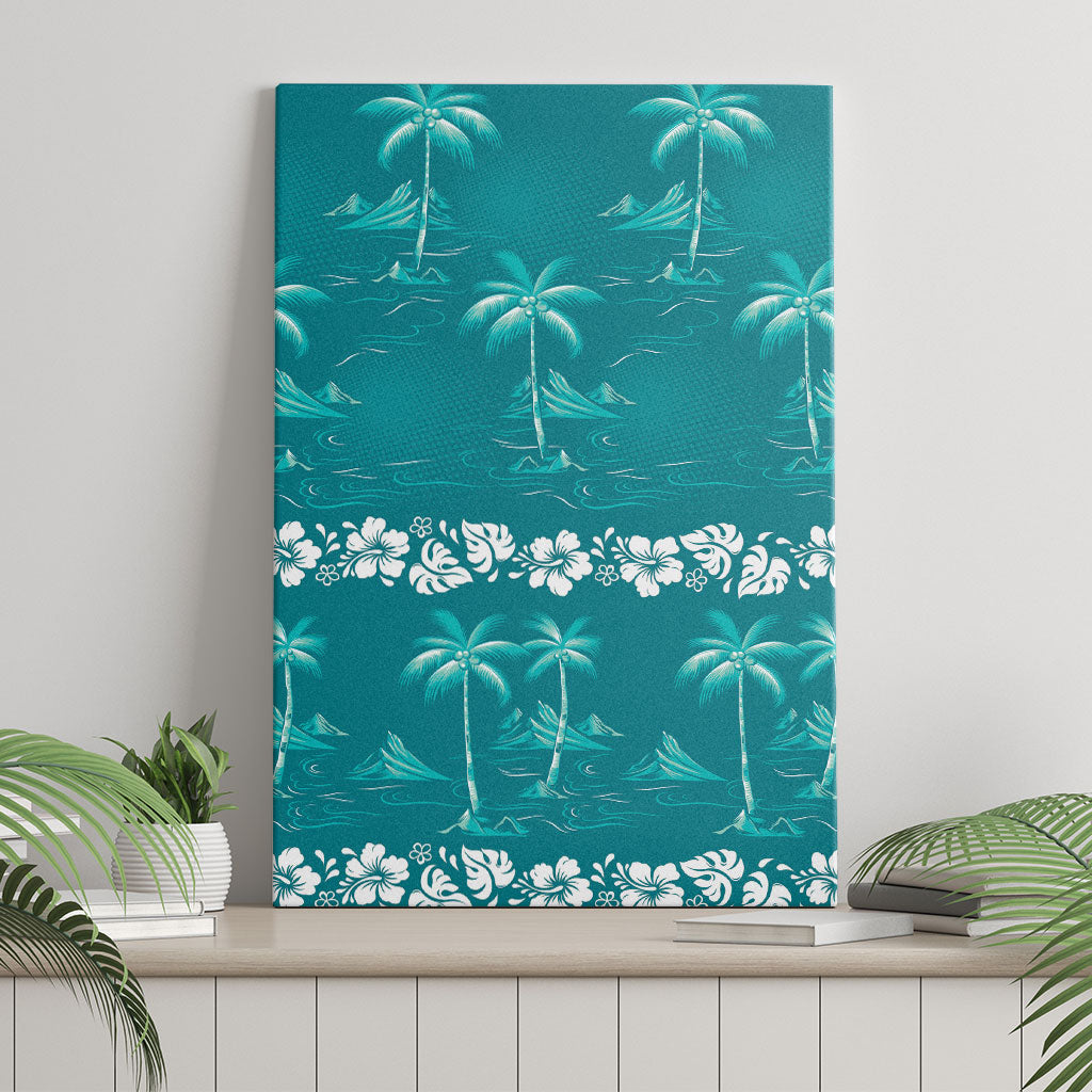 Cyan Hawaii Palm Tree Hibiscus Canvas Wall Art Fantasy Summer Vibe