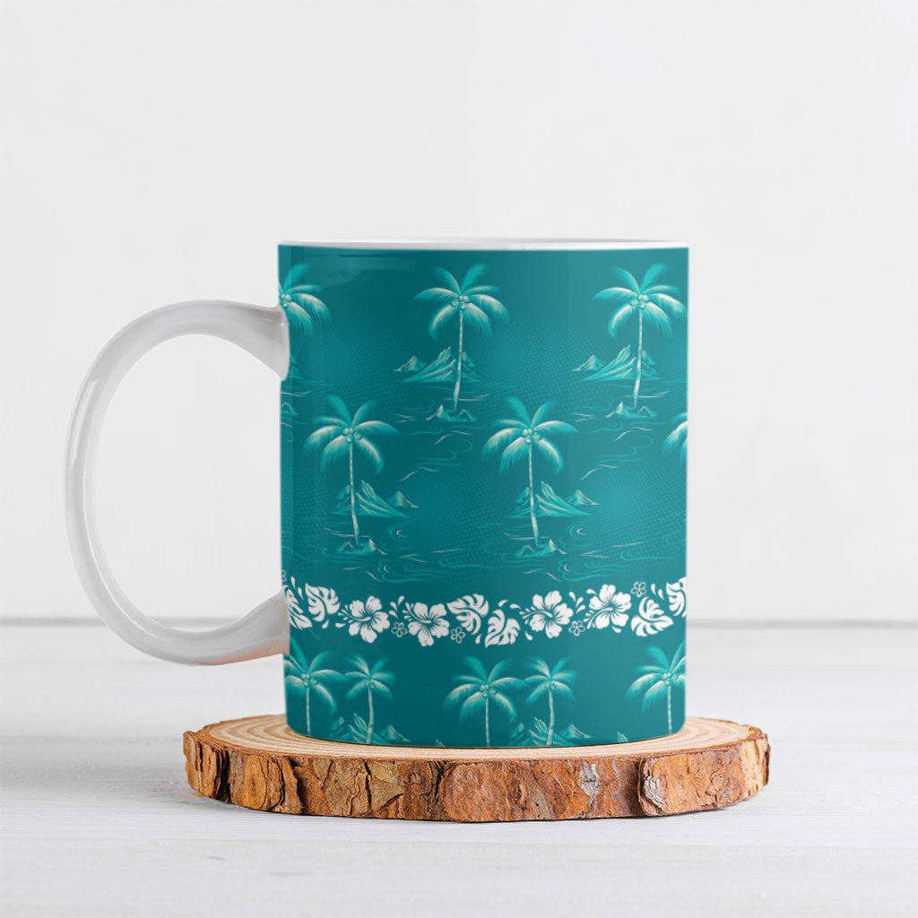 Cyan Hawaii Palm Tree Hibiscus Ceramic Mug Fantasy Summer Vibe