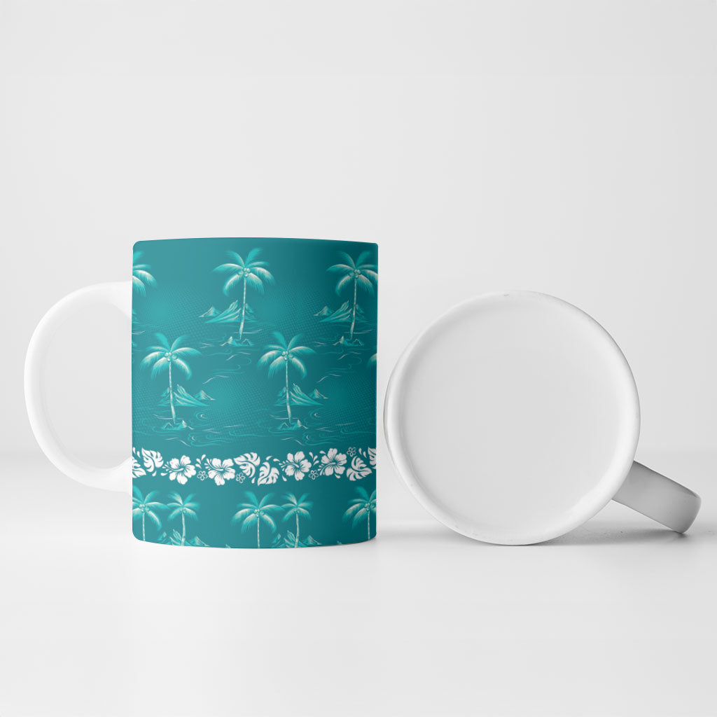 Cyan Hawaii Palm Tree Hibiscus Ceramic Mug Fantasy Summer Vibe