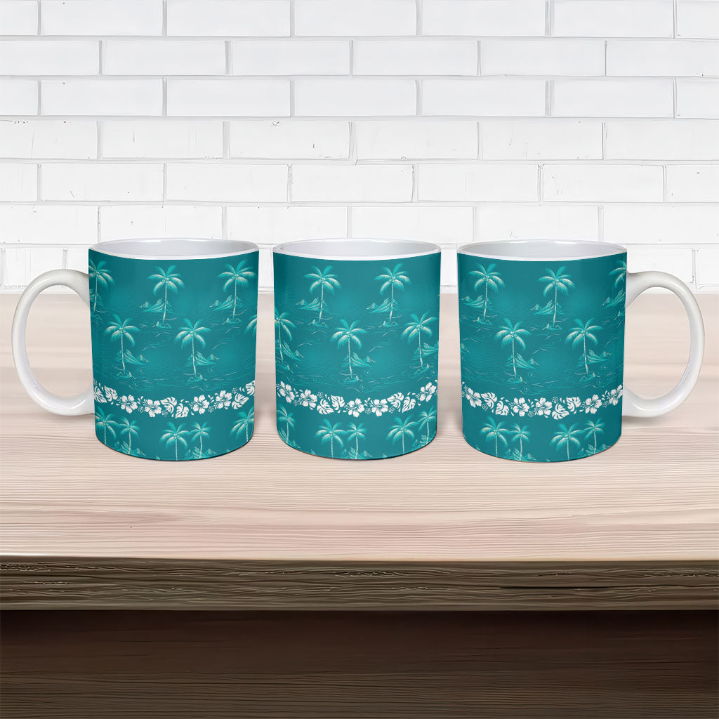 Cyan Hawaii Palm Tree Hibiscus Ceramic Mug Fantasy Summer Vibe