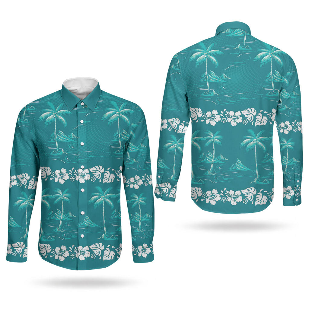 Cyan Hawaii Palm Tree Hibiscus Couples Matching Long Sleeve Bodycon Dress and Long Sleeve Button Shirt Fantasy Summer Vibe