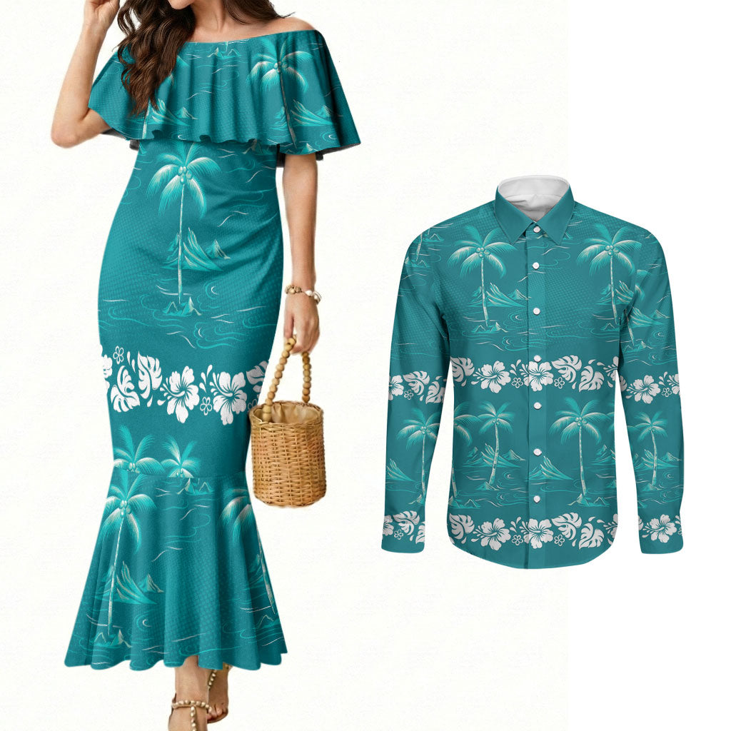 Cyan Hawaii Palm Tree Hibiscus Couples Matching Mermaid Dress and Long Sleeve Button Shirt Fantasy Summer Vibe