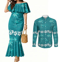 Cyan Hawaii Palm Tree Hibiscus Couples Matching Mermaid Dress and Long Sleeve Button Shirt Fantasy Summer Vibe