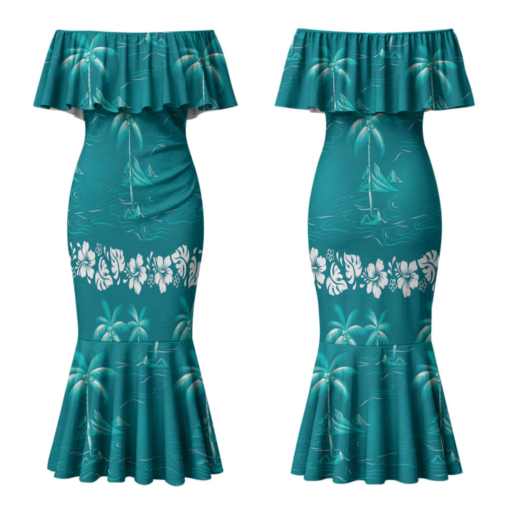 Cyan Hawaii Palm Tree Hibiscus Couples Matching Mermaid Dress and Long Sleeve Button Shirt Fantasy Summer Vibe