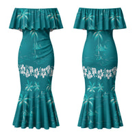 Cyan Hawaii Palm Tree Hibiscus Couples Matching Mermaid Dress and Long Sleeve Button Shirt Fantasy Summer Vibe