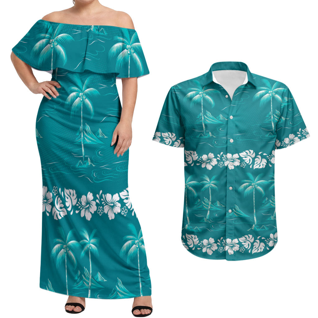 Cyan Hawaii Palm Tree Hibiscus Couples Matching Off Shoulder Maxi Dress and Hawaiian Shirt Fantasy Summer Vibe