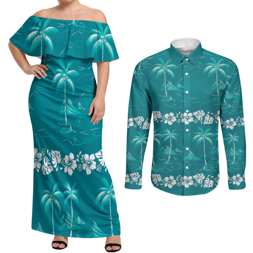 Cyan Hawaii Palm Tree Hibiscus Couples Matching Off Shoulder Maxi Dress and Long Sleeve Button Shirt Fantasy Summer Vibe