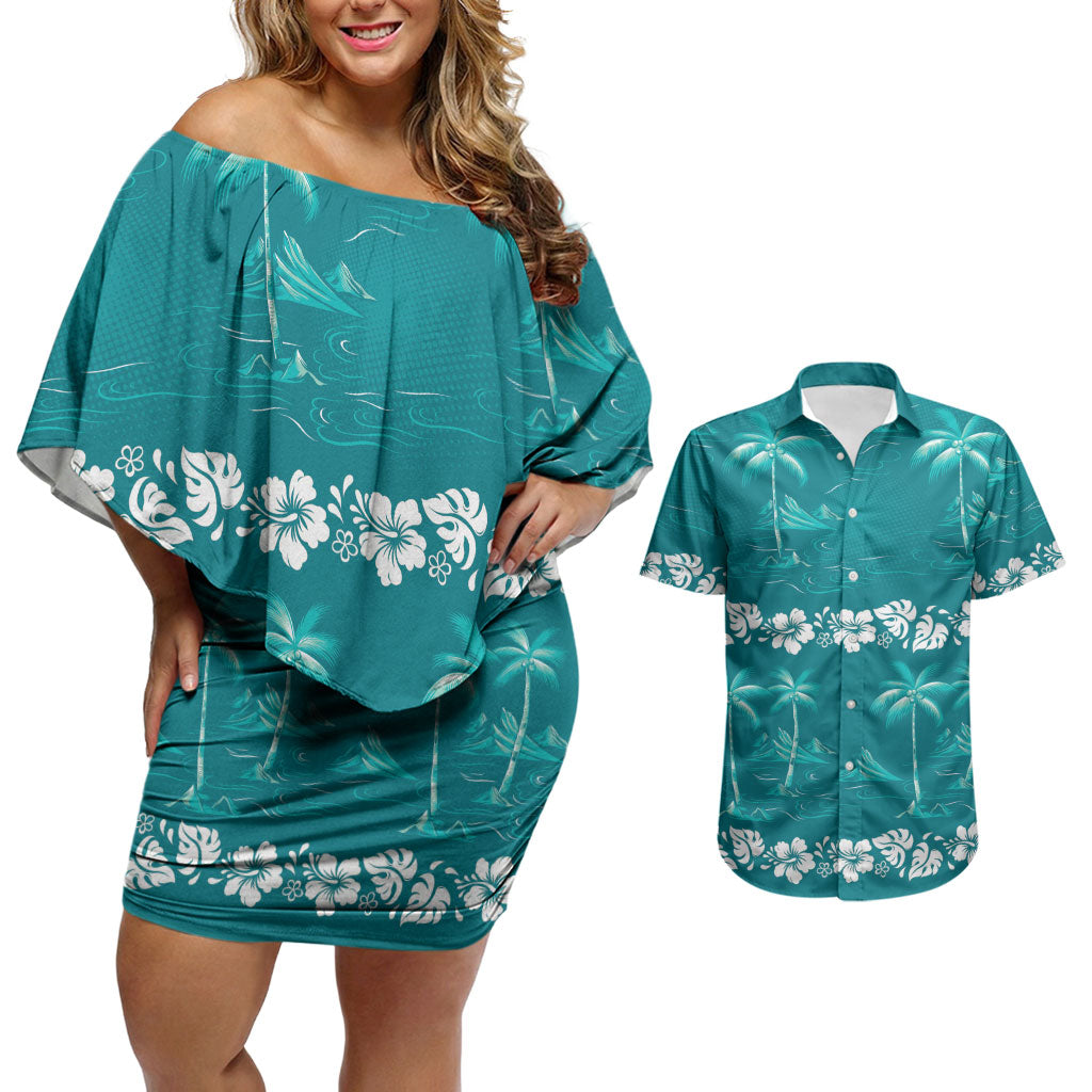 Cyan Hawaii Palm Tree Hibiscus Couples Matching Off Shoulder Short Dress and Hawaiian Shirt Fantasy Summer Vibe