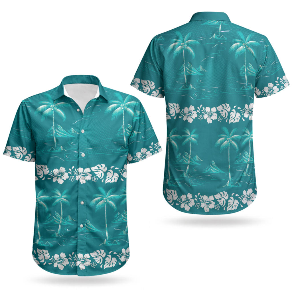 Cyan Hawaii Palm Tree Hibiscus Couples Matching Off Shoulder Short Dress and Hawaiian Shirt Fantasy Summer Vibe