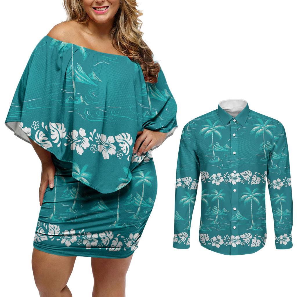 Cyan Hawaii Palm Tree Hibiscus Couples Matching Off Shoulder Short Dress and Long Sleeve Button Shirt Fantasy Summer Vibe