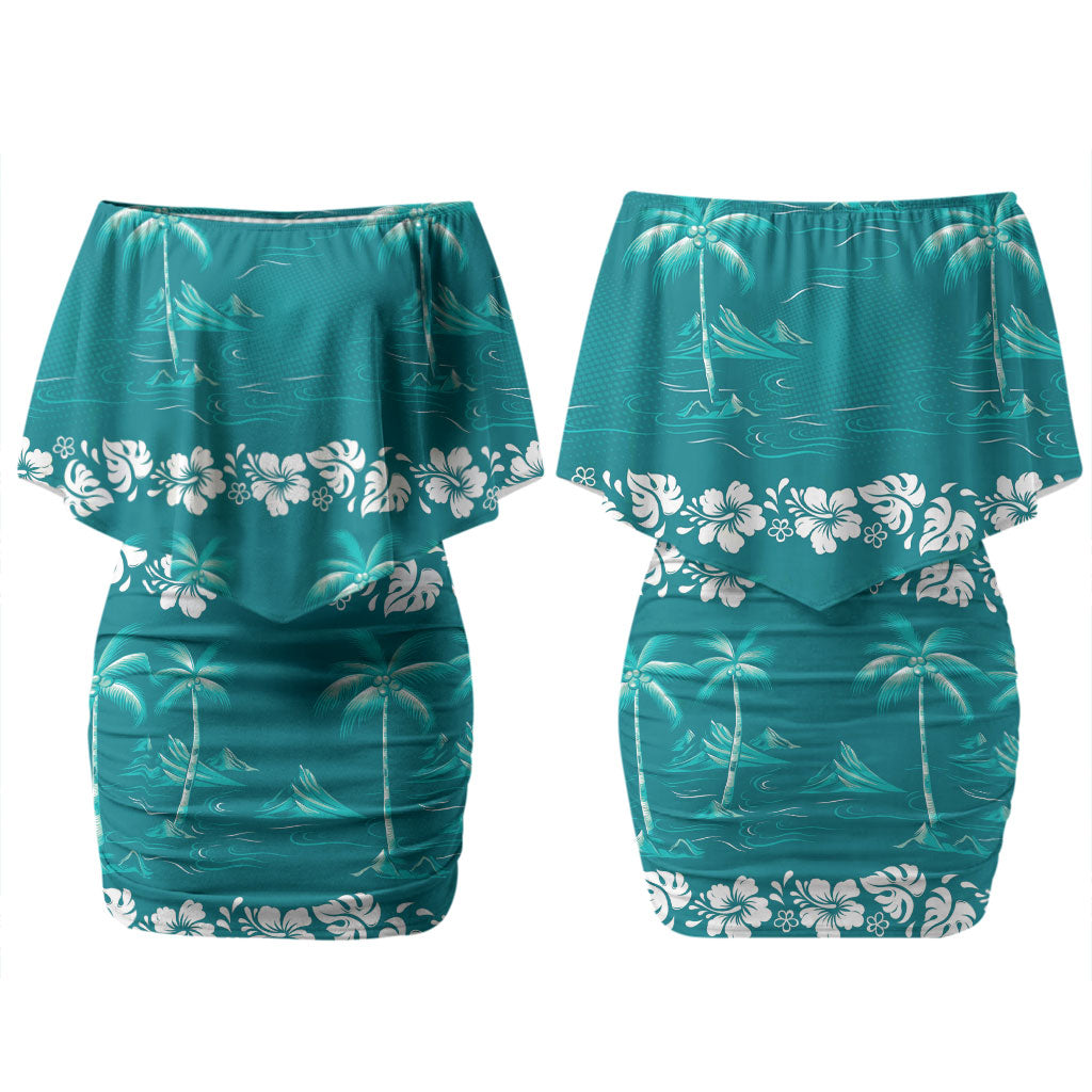 Cyan Hawaii Palm Tree Hibiscus Couples Matching Off Shoulder Short Dress and Long Sleeve Button Shirt Fantasy Summer Vibe