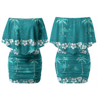 Cyan Hawaii Palm Tree Hibiscus Couples Matching Off Shoulder Short Dress and Long Sleeve Button Shirt Fantasy Summer Vibe