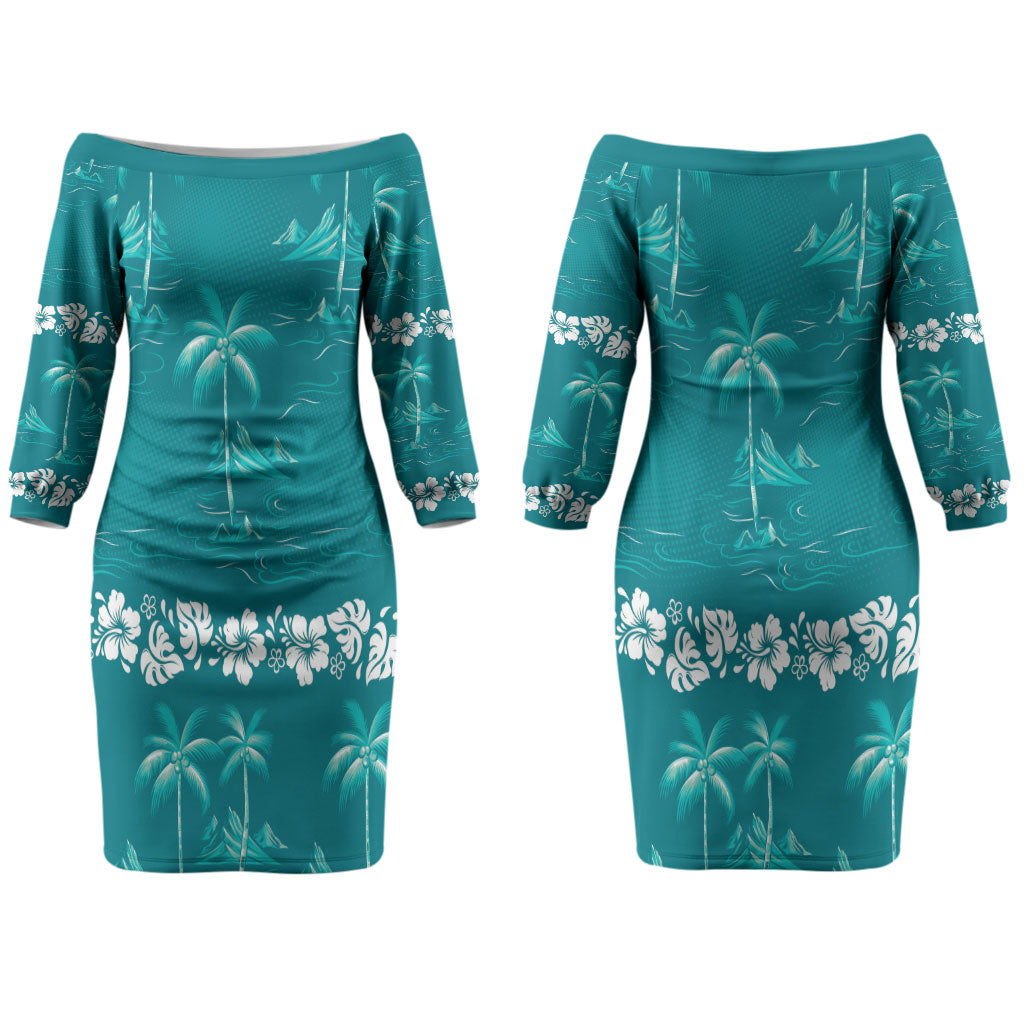 Cyan Hawaii Palm Tree Hibiscus Couples Matching Off The Shoulder Long Sleeve Dress and Hawaiian Shirt Fantasy Summer Vibe