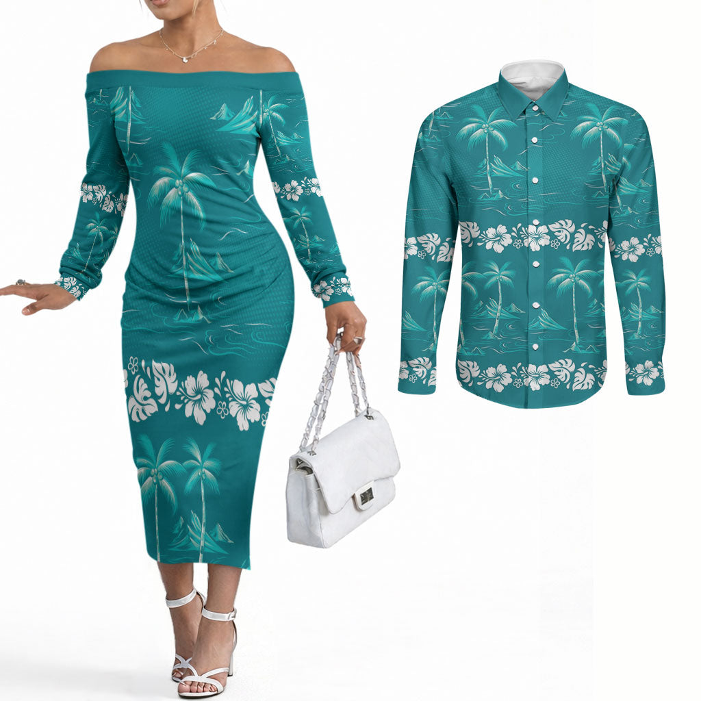 Cyan Hawaii Palm Tree Hibiscus Couples Matching Off The Shoulder Long Sleeve Dress and Long Sleeve Button Shirt Fantasy Summer Vibe