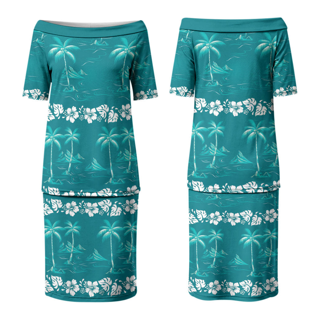 Cyan Hawaii Palm Tree Hibiscus Couples Matching Puletasi and Long Sleeve Button Shirt Fantasy Summer Vibe LT01 - Polynesian Pride