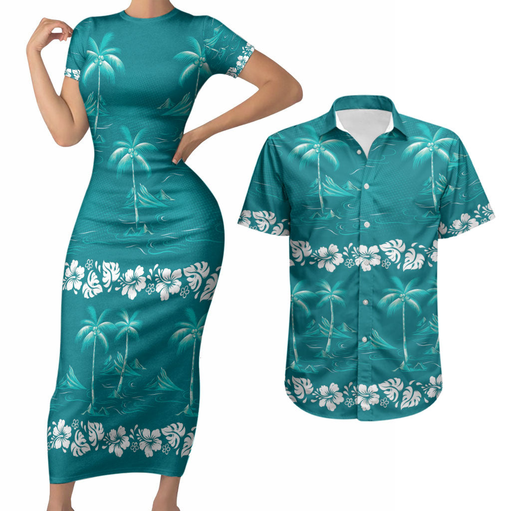 Cyan Hawaii Palm Tree Hibiscus Couples Matching Short Sleeve Bodycon Dress and Hawaiian Shirt Fantasy Summer Vibe
