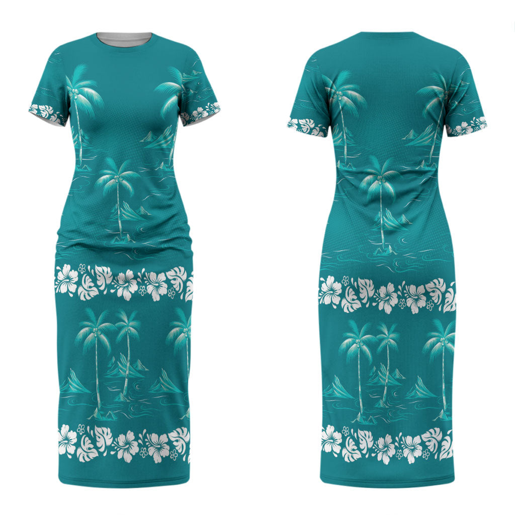 Cyan Hawaii Palm Tree Hibiscus Couples Matching Short Sleeve Bodycon Dress and Hawaiian Shirt Fantasy Summer Vibe LT01 - Polynesian Pride