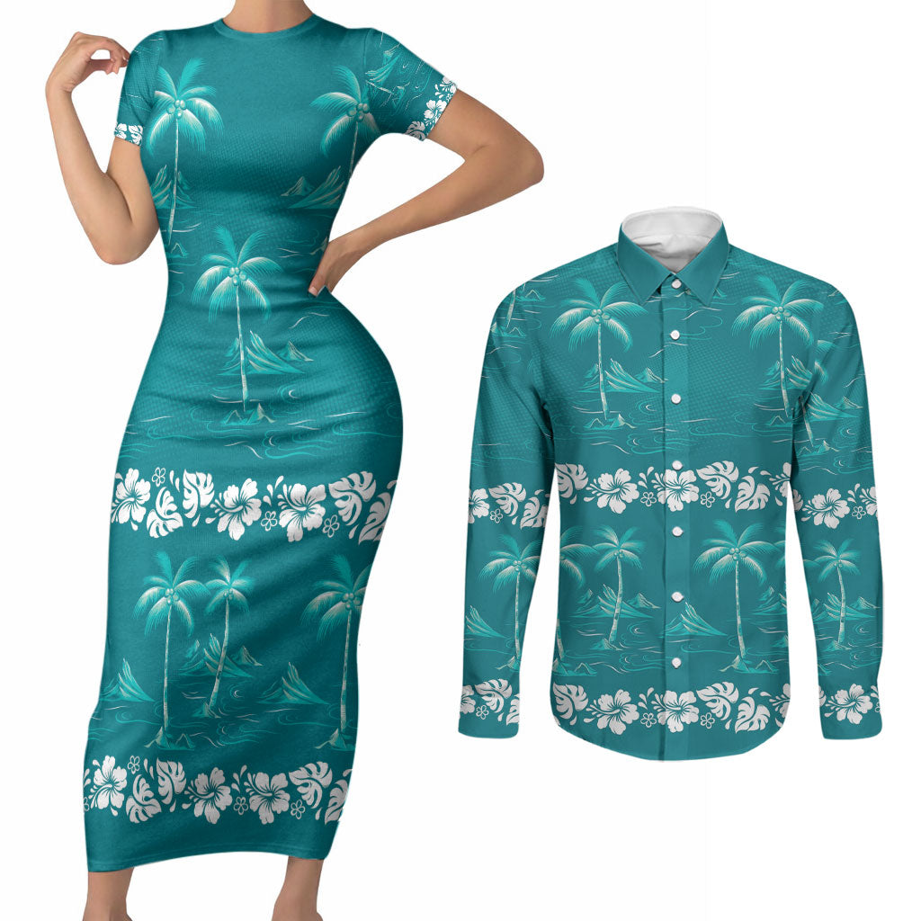 Cyan Hawaii Palm Tree Hibiscus Couples Matching Short Sleeve Bodycon Dress and Long Sleeve Button Shirt Fantasy Summer Vibe