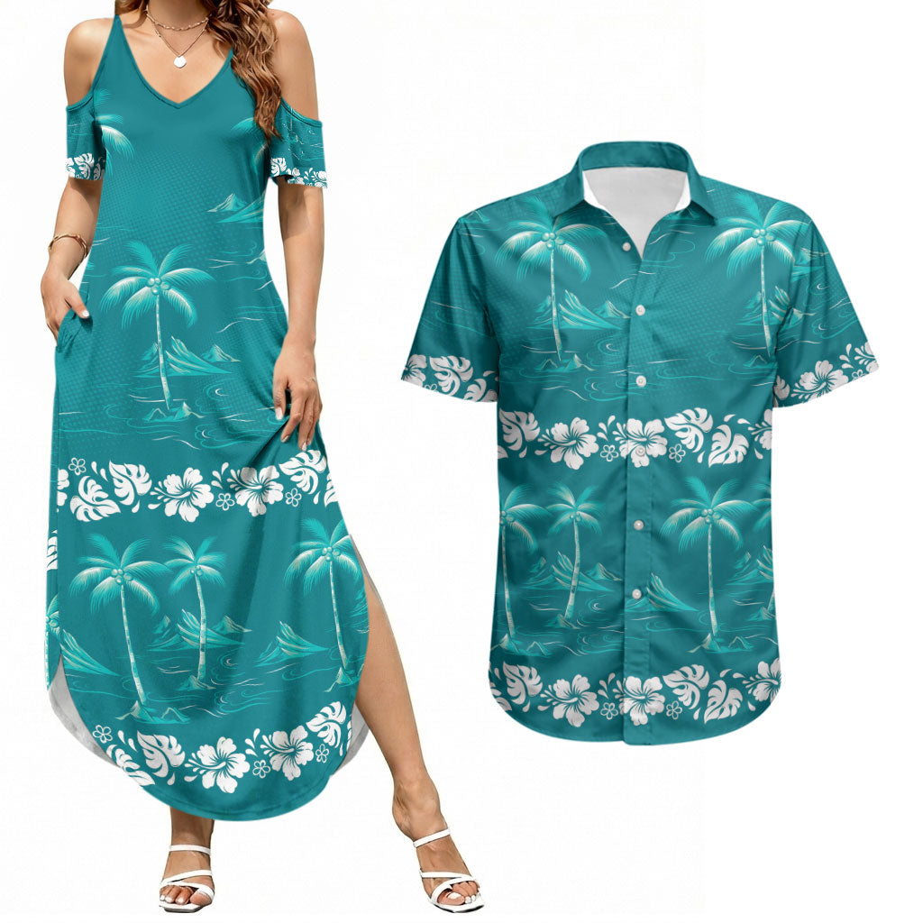 Cyan Hawaii Palm Tree Hibiscus Couples Matching Summer Maxi Dress and Hawaiian Shirt Fantasy Summer Vibe LT01 Cyan - Polynesian Pride