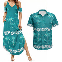 Cyan Hawaii Palm Tree Hibiscus Couples Matching Summer Maxi Dress and Hawaiian Shirt Fantasy Summer Vibe LT01 Cyan - Polynesian Pride