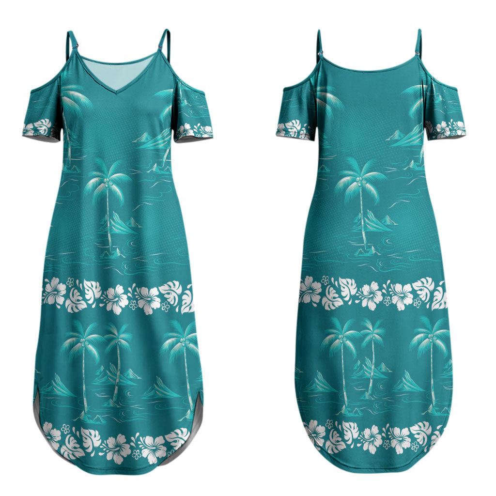 Cyan Hawaii Palm Tree Hibiscus Couples Matching Summer Maxi Dress and Hawaiian Shirt Fantasy Summer Vibe LT01 - Polynesian Pride