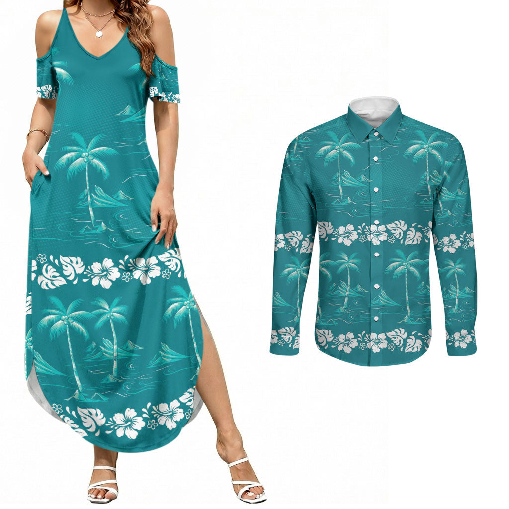 Cyan Hawaii Palm Tree Hibiscus Couples Matching Summer Maxi Dress and Long Sleeve Button Shirt Fantasy Summer Vibe LT01 Cyan - Polynesian Pride