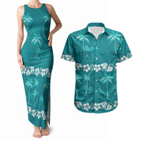 Cyan Hawaii Palm Tree Hibiscus Couples Matching Tank Maxi Dress and Hawaiian Shirt Fantasy Summer Vibe LT01 Cyan - Polynesian Pride