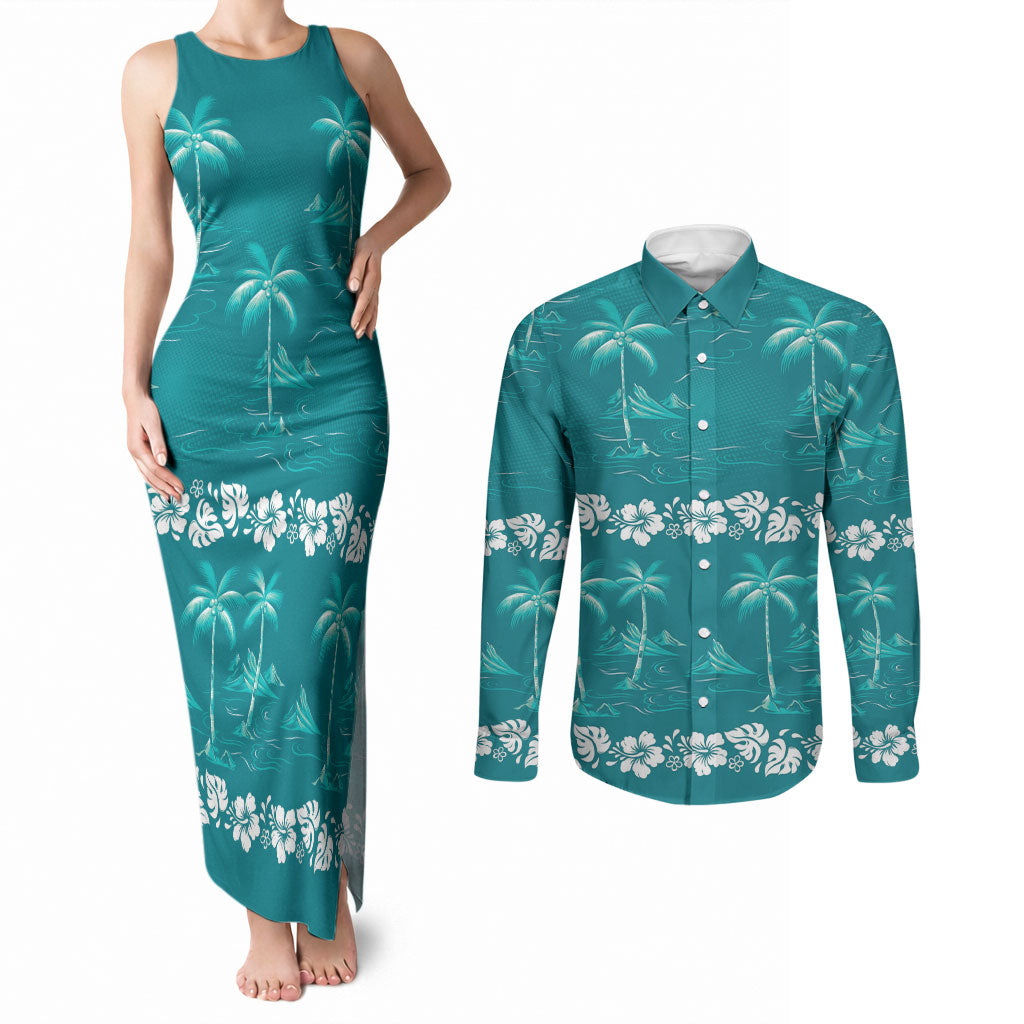 Cyan Hawaii Palm Tree Hibiscus Couples Matching Tank Maxi Dress and Long Sleeve Button Shirt Fantasy Summer Vibe