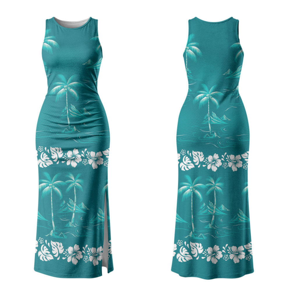 Cyan Hawaii Palm Tree Hibiscus Couples Matching Tank Maxi Dress and Long Sleeve Button Shirt Fantasy Summer Vibe